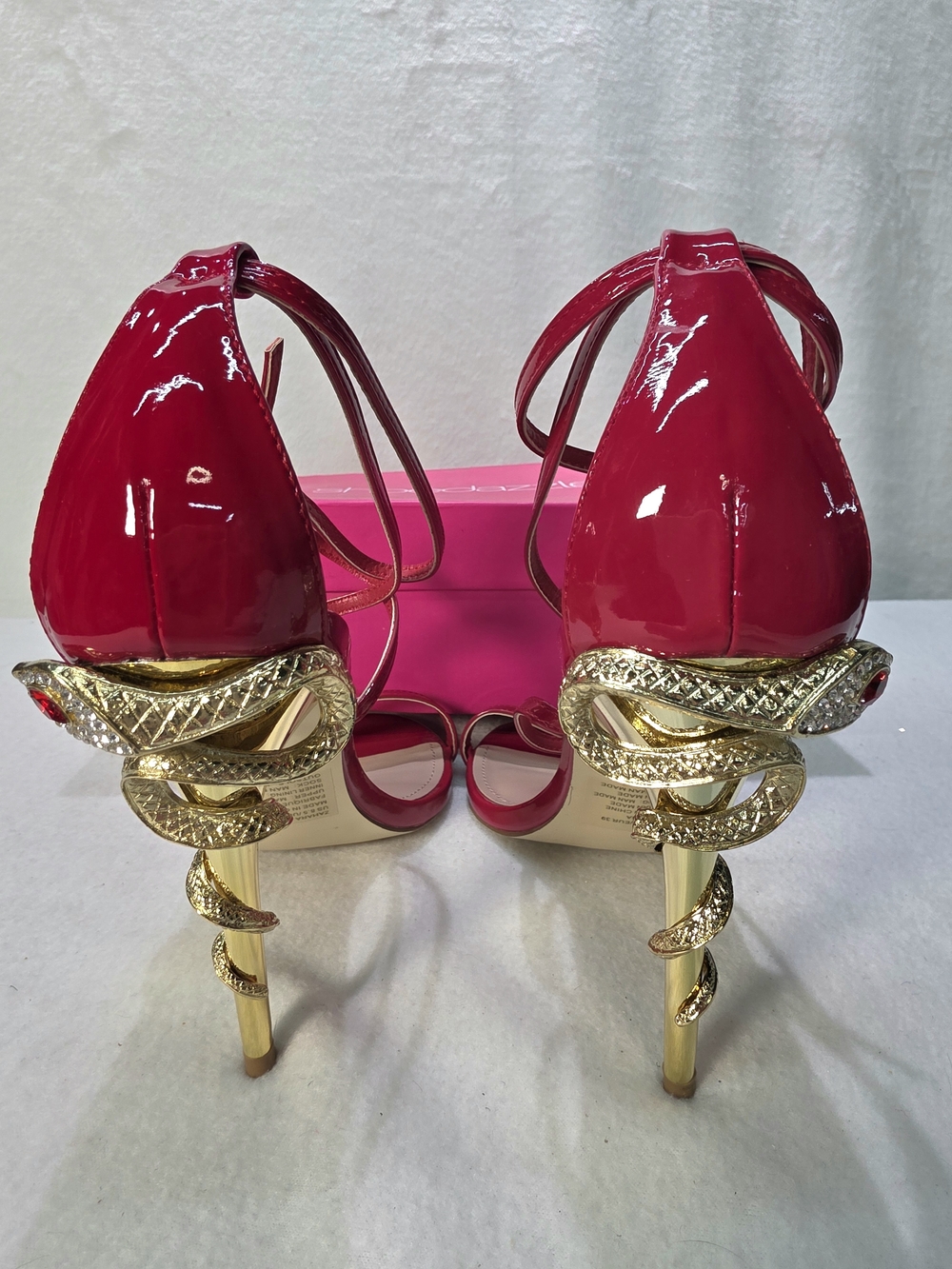 Shoe Dazzle Red Patent Strappy High Heel Sandals Gold Snake Shaped Stiletto NEW - Picture 4 of 14